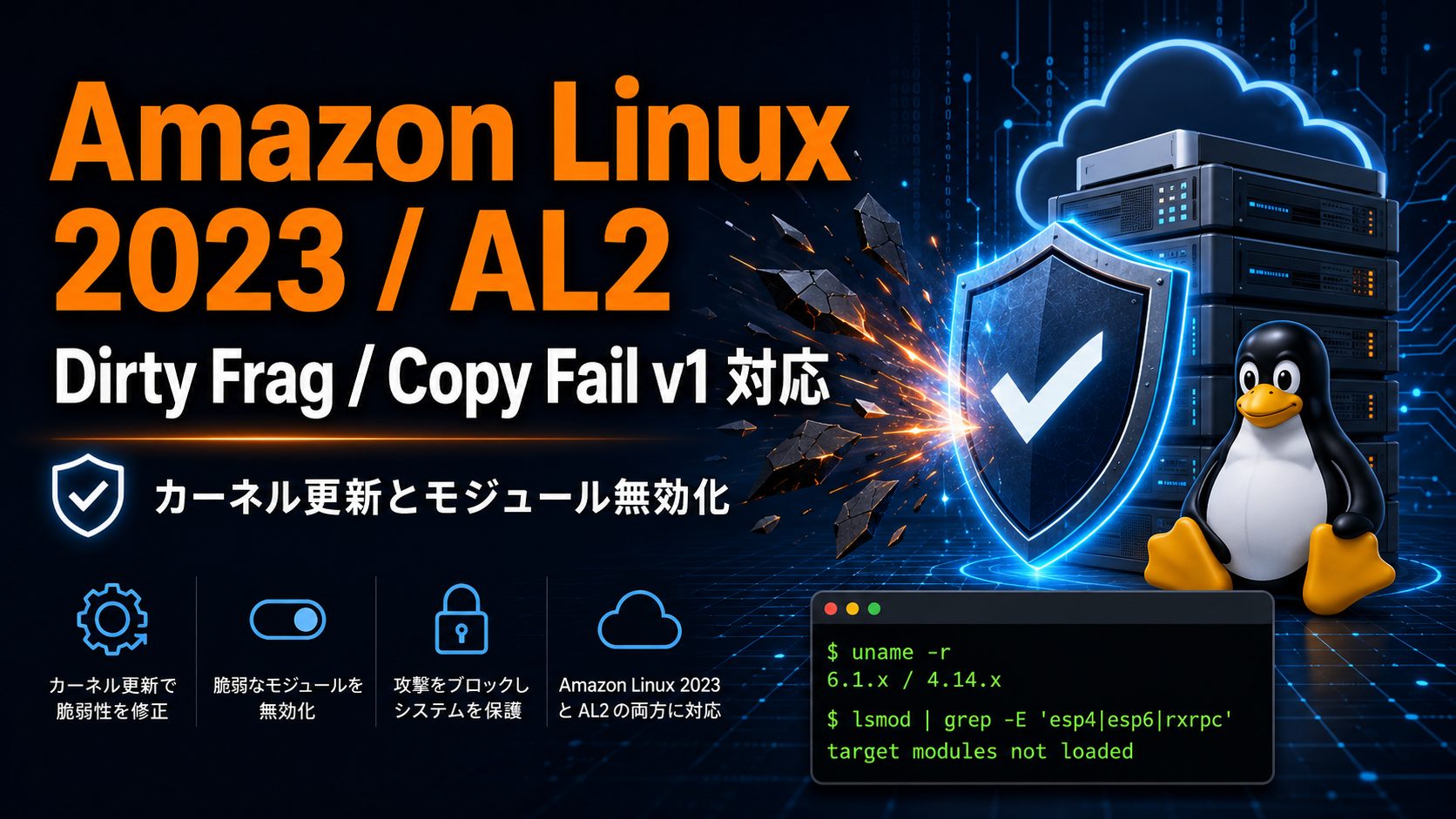 Cover Image for Amazon Linux 2023 / Amazon Linux 2 で Dirty Frag / Copy Fail v1 に対応する